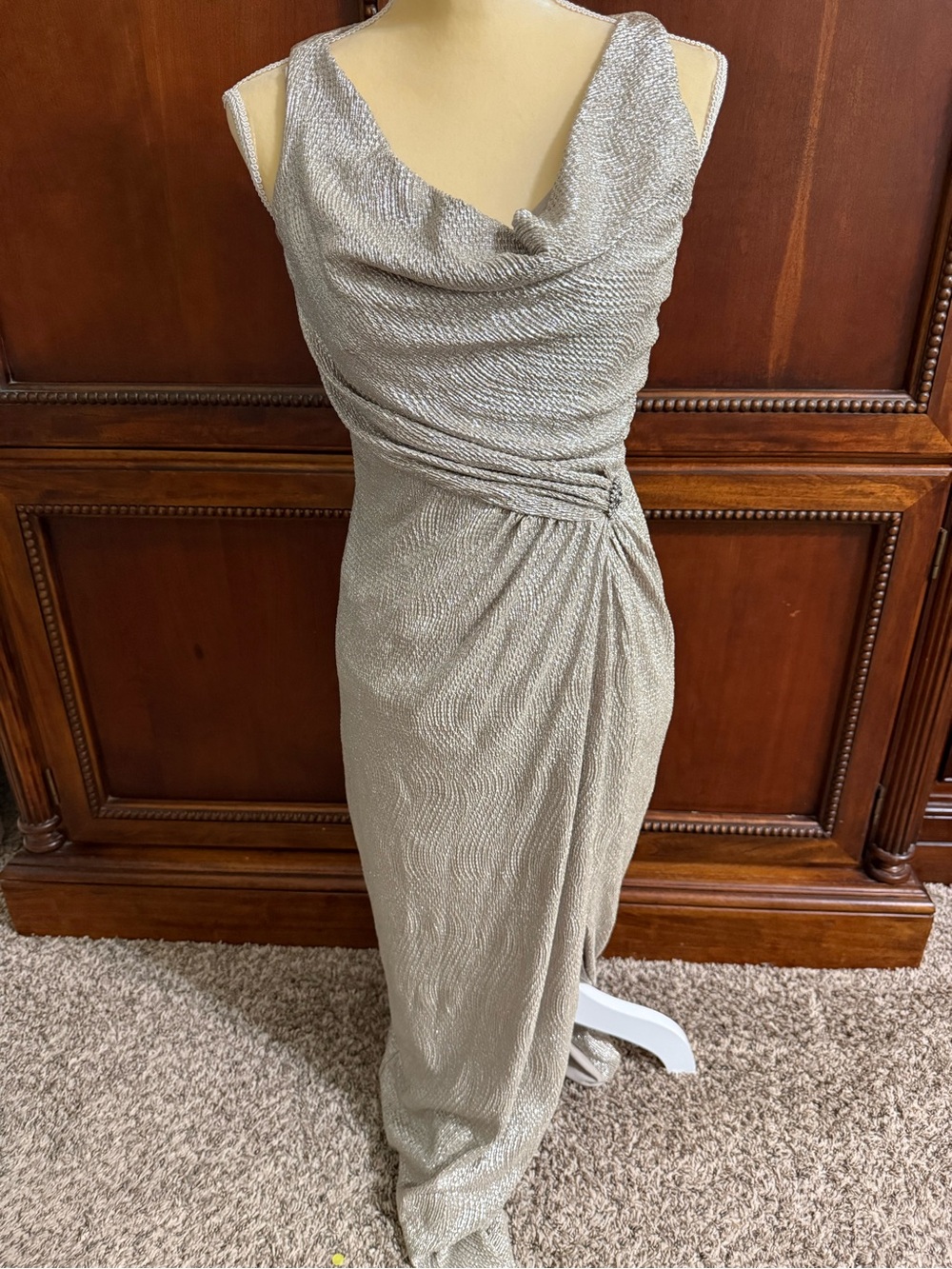 Lauren Ralph Lauren Metallic Silver-Taupe Cowl Neck Maxi Dress